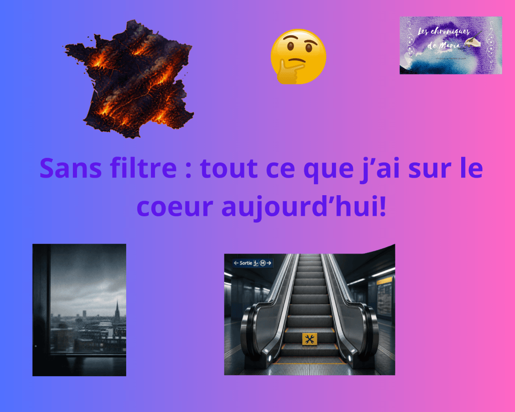 Une composition graphique avec un fond dégradé violet et rose, contenant diverses images, dont un paysage urbain pluvieux, un escalator, une illustration colorée et un emoji pensif, accompagnée de texte en gros caractères qui dit 'Sans filtre : tout ce que j'ai sur le coeur aujourd'hui!'